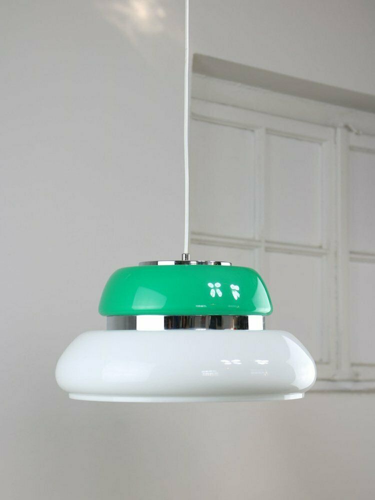 Italian Space Age Ceiling Lamp In Green In White & Green Acrylic Glass And Chrome, 1970s