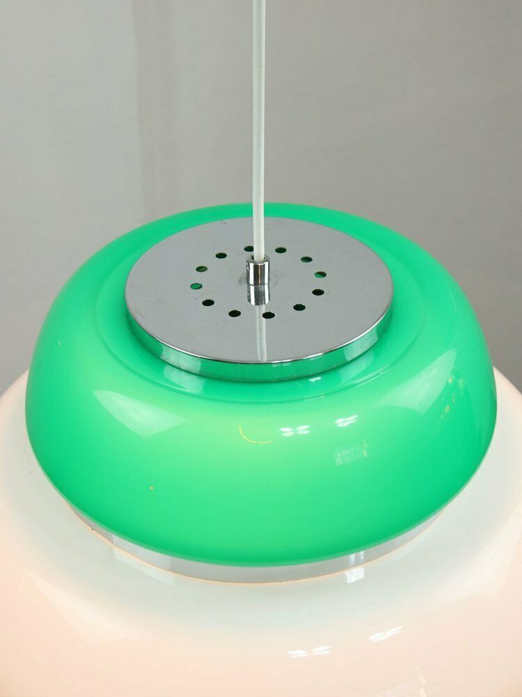photo for sale Italian Space Age Ceiling Lamp In Green In White & Green Acrylic Glass And Chrome, 1970s