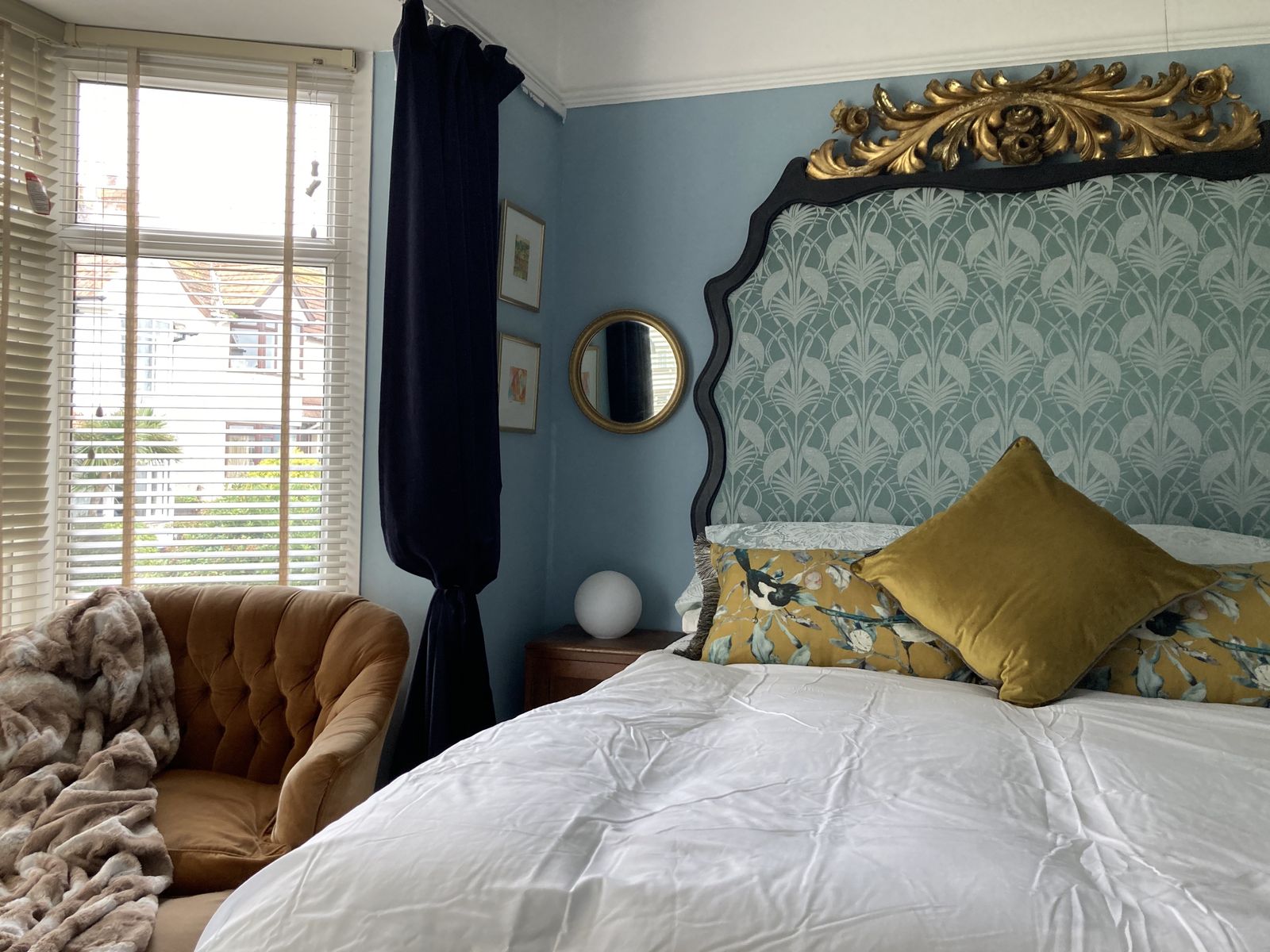 Beautiful Re  Upholstered Giltwood Italian 5ft Headboard photo furniture