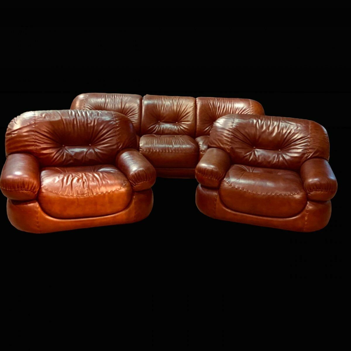 Leather Living Room, A Sofa And Two Armchairs, Sapporo Model For Mobil Girgi. Italy 1970s
