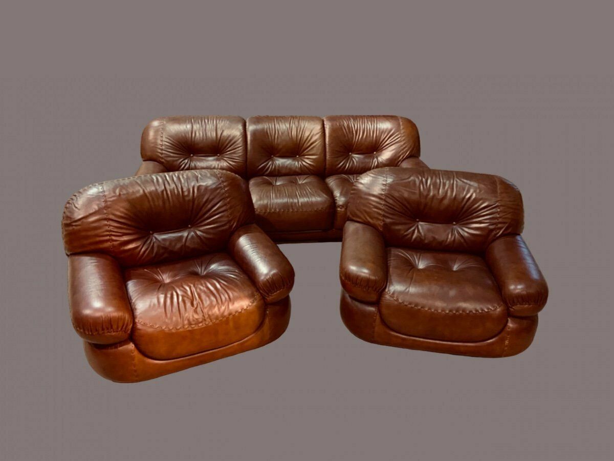 Leather Living Room, A Sofa And Two Armchairs, Sapporo Model For Mobil Girgi. Italy 1970s photo vintage