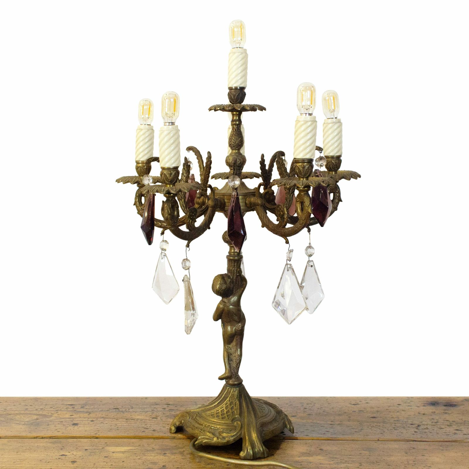Vintage Bronze Candelabra Lamp With Purple Crystals, 1930s photo 220.0