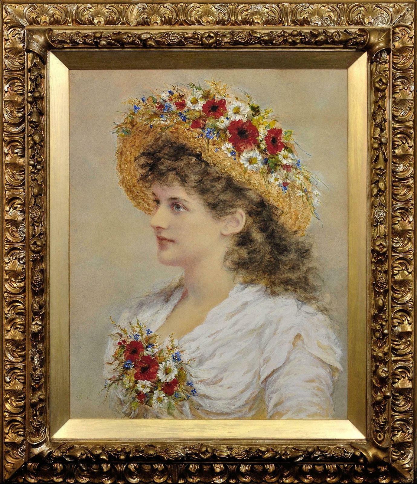 Alice Anne Renshaw 1849 To 1900. English. Young Lady With Summer Meadow Flowers In Her Straw Hat. Ornate Period Framed Watercolour & Gouache Painting.