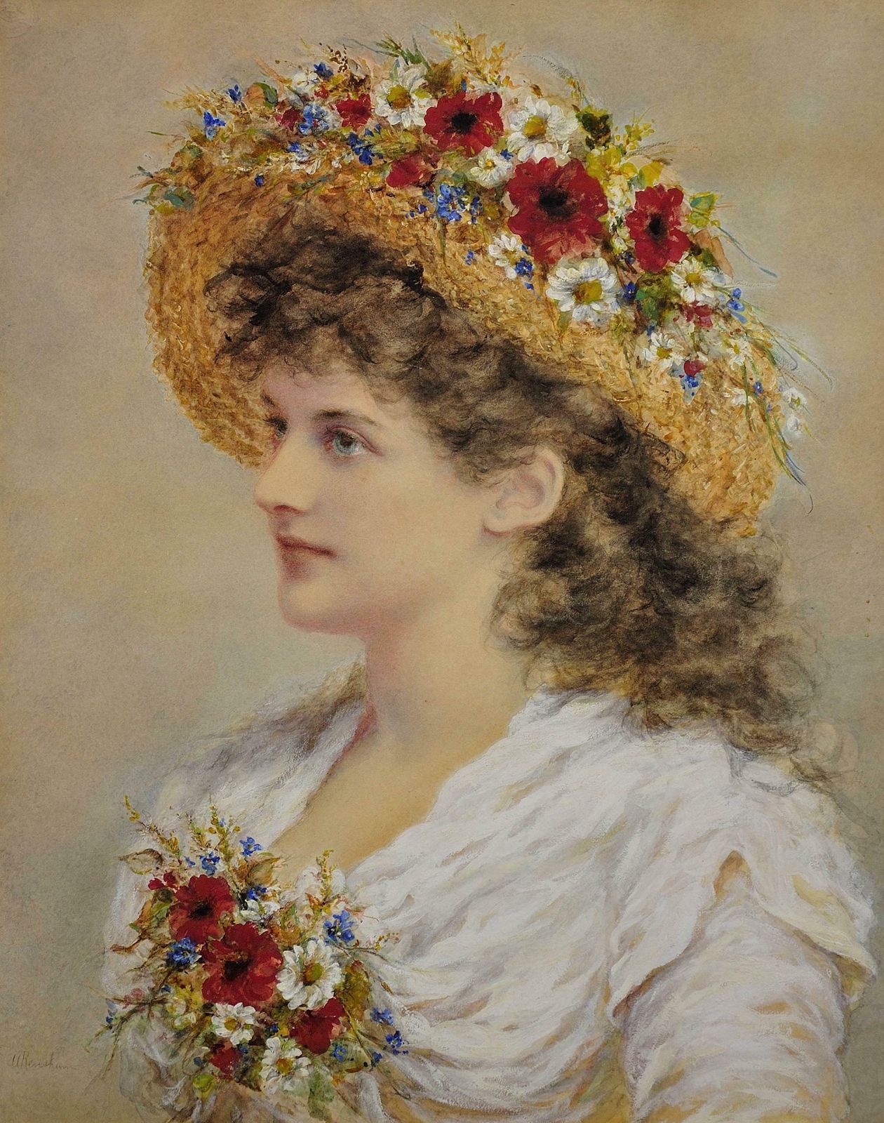 Alice Anne Renshaw 1849 To 1900. English. Young Lady With Summer Meadow Flowers In Her Straw Hat. Ornate Period Framed Watercolour & Gouache Painting. photo furniture