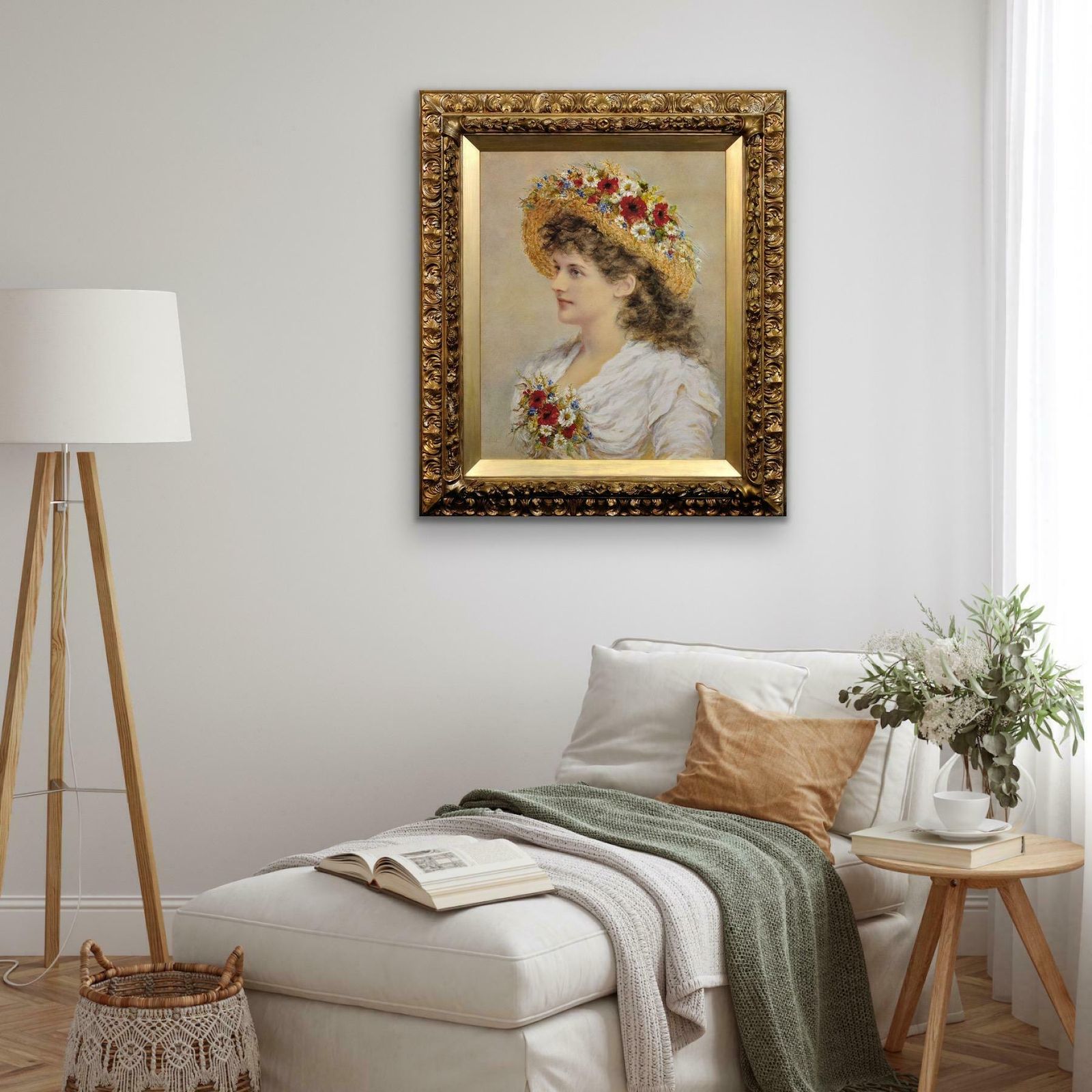 3985.0 Alice Anne Renshaw 1849 To 1900. English. Young Lady With Summer Meadow Flowers In Her Straw Hat. Ornate Period Framed Watercolour & Gouache Painting. photo