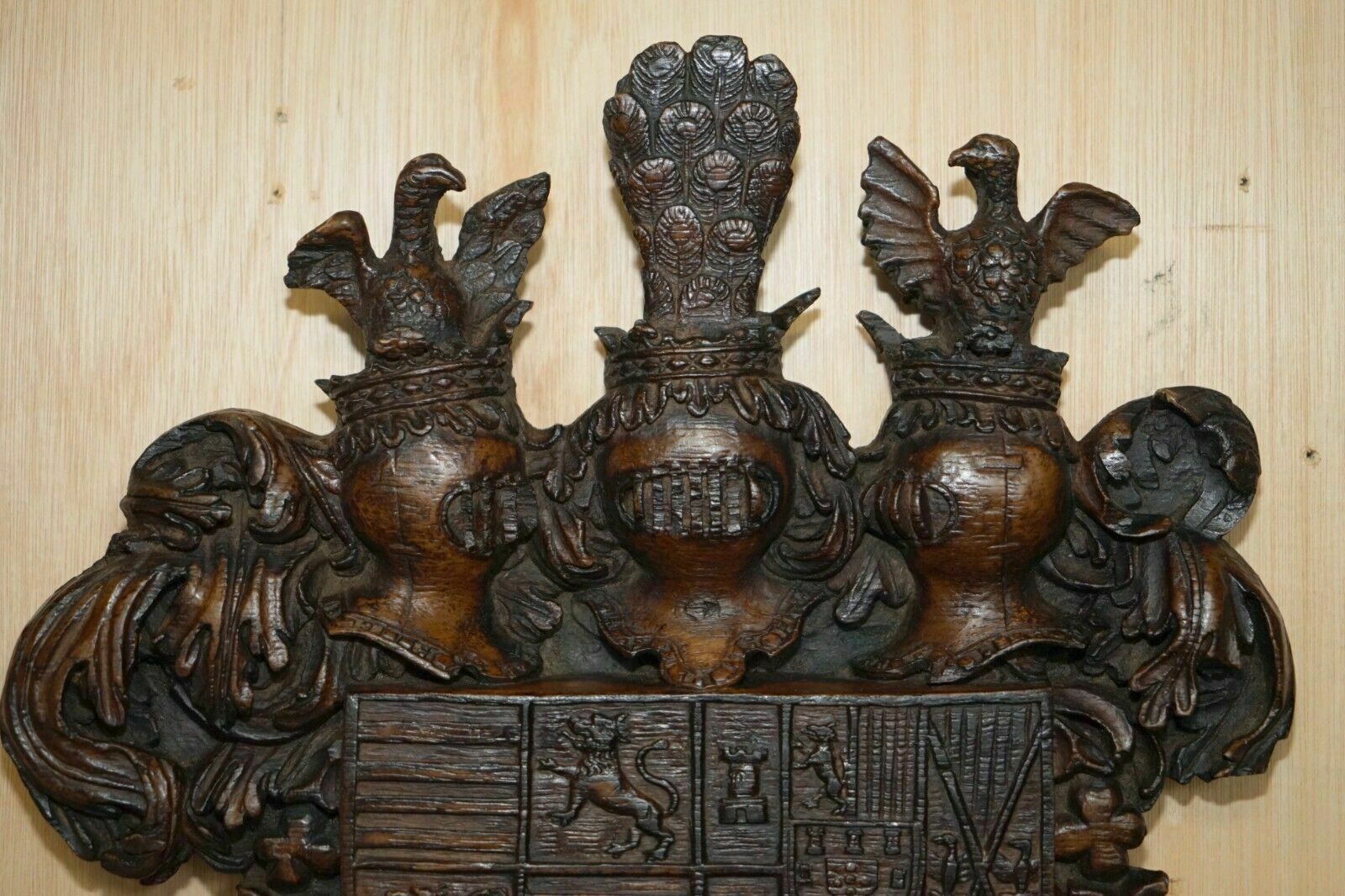 Antique Royal Hand Carved English Oak Armorial Coat Of Arms Crowns Eagles photo furniture