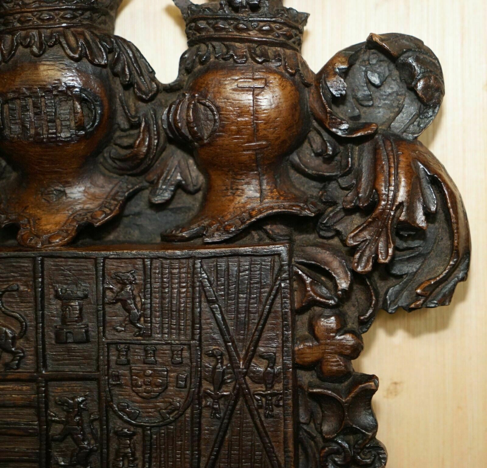 Antique Royal Hand Carved English Oak Armorial Coat Of Arms Crowns Eagles photo buy