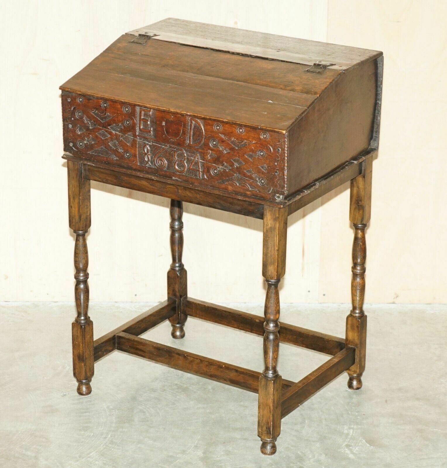 Antique 1684 Dated Hand Carved 17th Century Lift Top Writing Table Desk Bible photo furniture