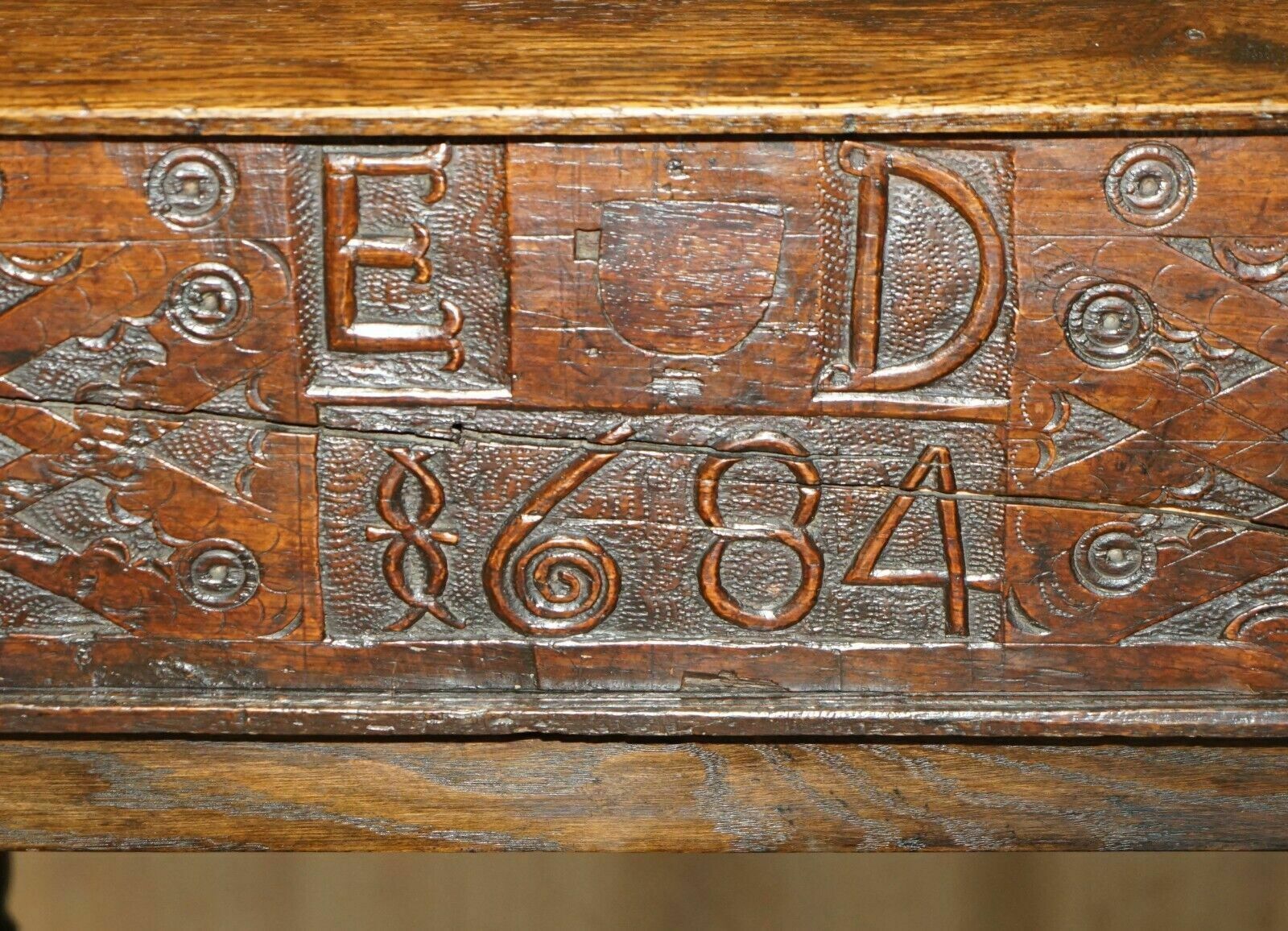 Antique 1684 Dated Hand Carved 17th Century Lift Top Writing Table Desk Bible photo 2750.0