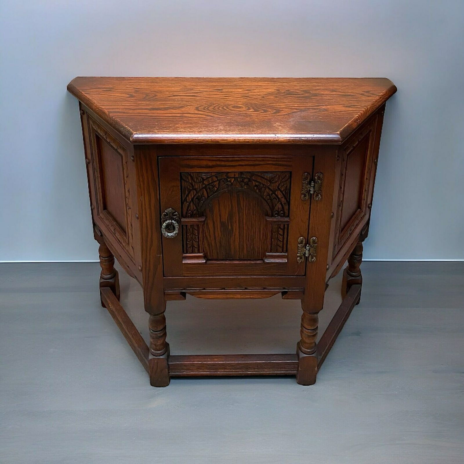 photo furniture Vintage Old Charm Wood Brothers Side Cabinet / Carved Oak Canted Credence / Tudor Brown 1970s / Free Delivery