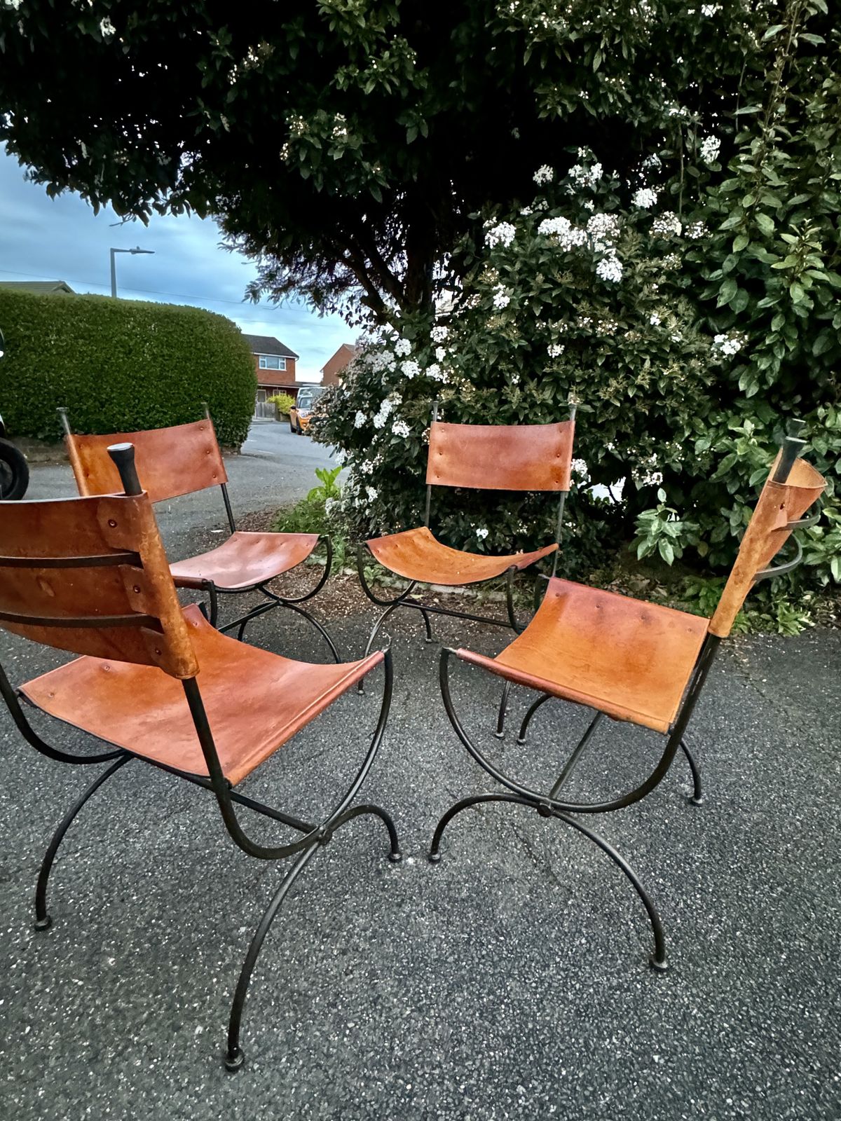 Set Of 4 Vintage English Saddle Leather & Wrought Iron Chairs photo Furniture