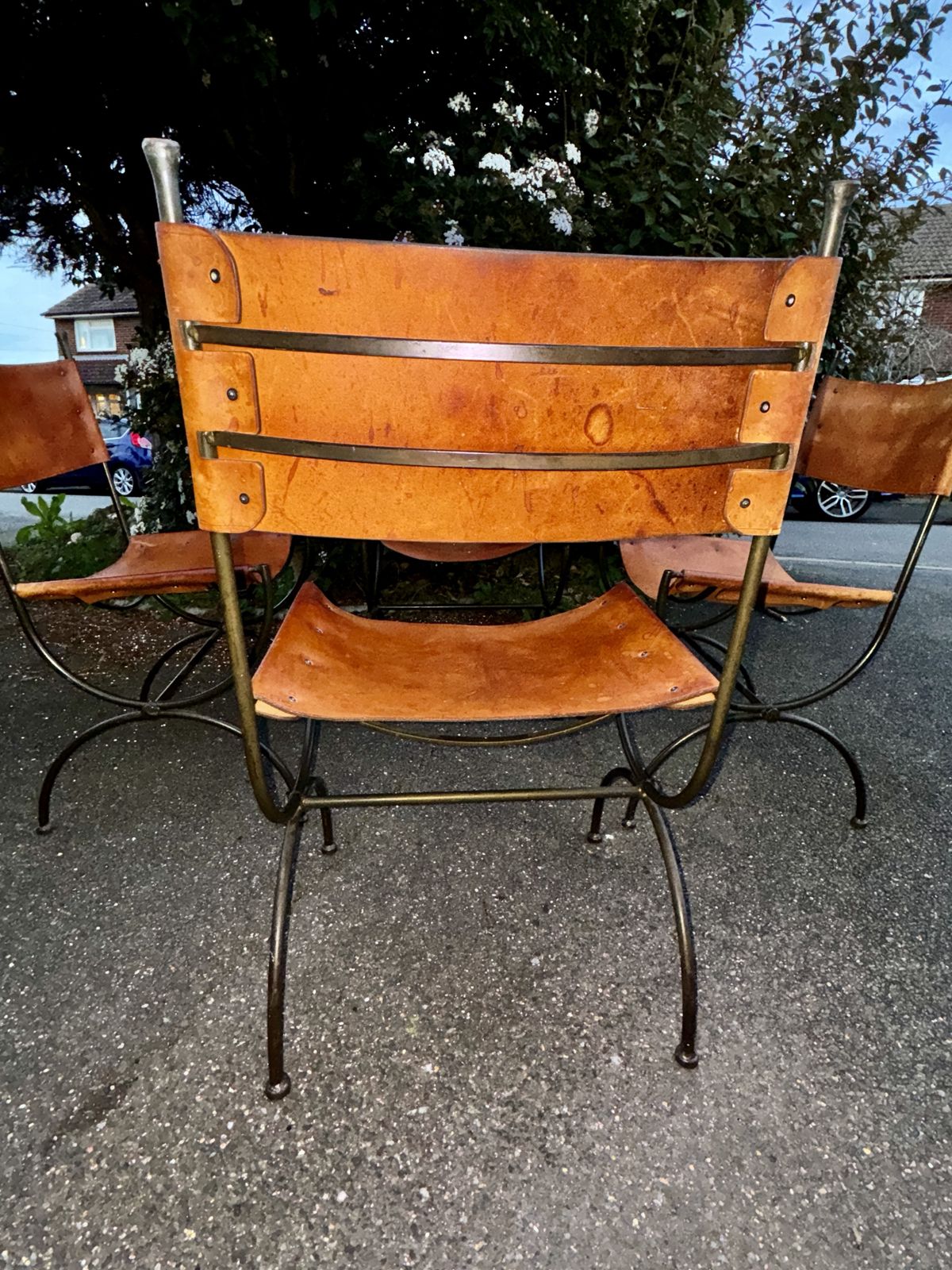 Set Of 4 Vintage English Saddle Leather & Wrought Iron Chairs photo buy