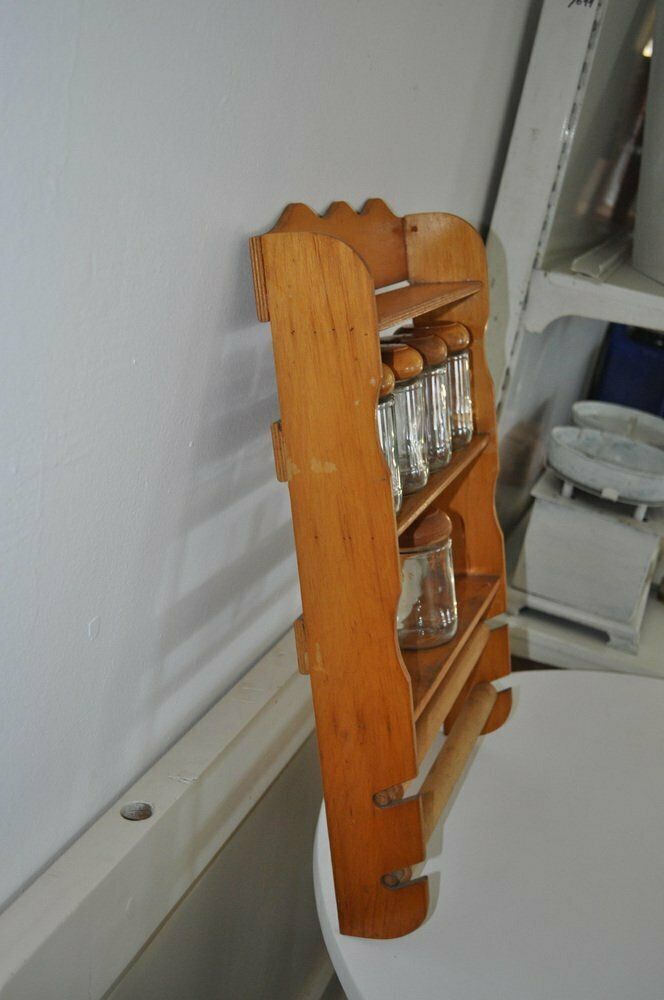 Vintage Wooden Spice Rack With Glass Bottles, Set Of 6