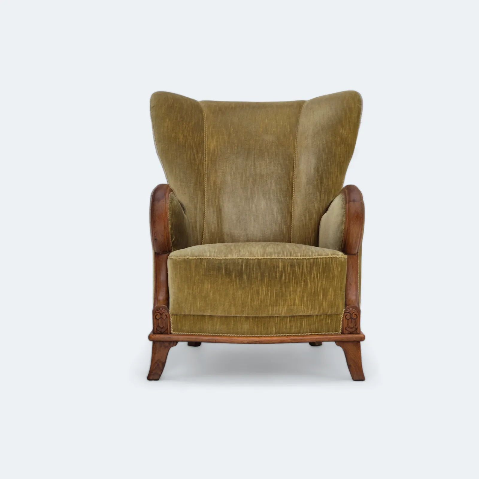 1960s, Danish Armchair In Original Very Good Condition, Furniture Velour, Oak Wood.