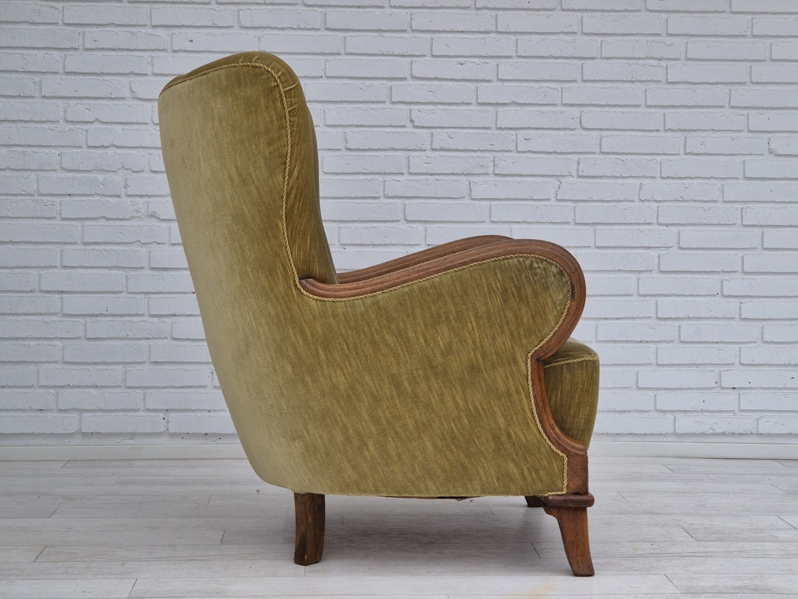 1960s, Danish Armchair In Original Very Good Condition, Furniture Velour, Oak Wood. photo furniture