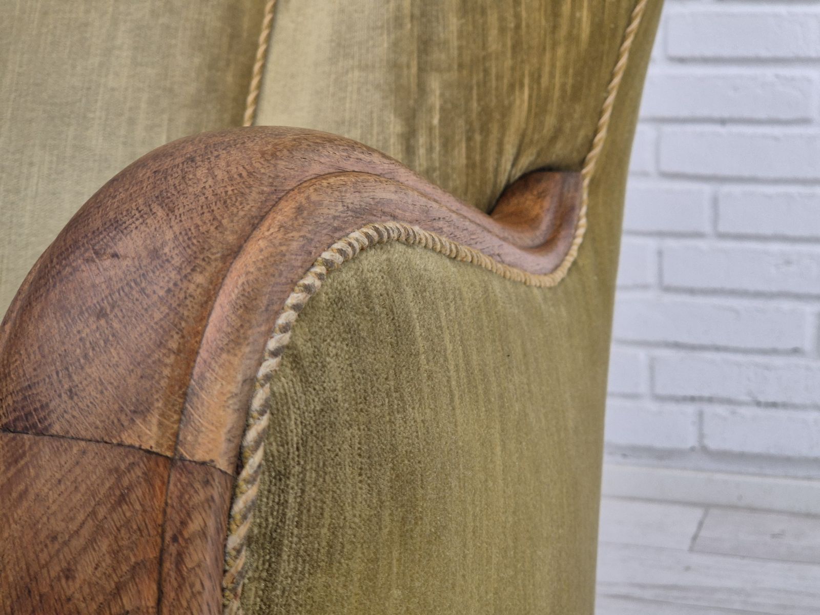 photo for sale 1960s, Danish Armchair In Original Very Good Condition, Furniture Velour, Oak Wood.