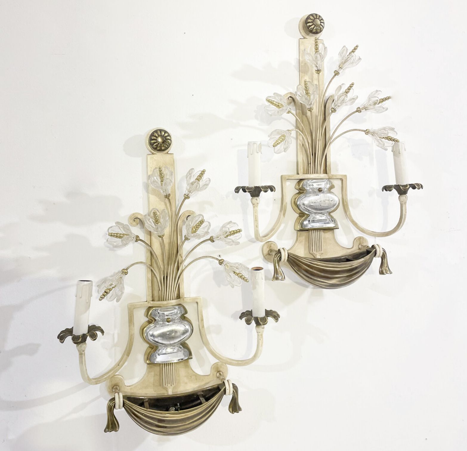 Pair Of Silver Wrought Iron And Glass Wall Lights By Banci, Italy, 1940s