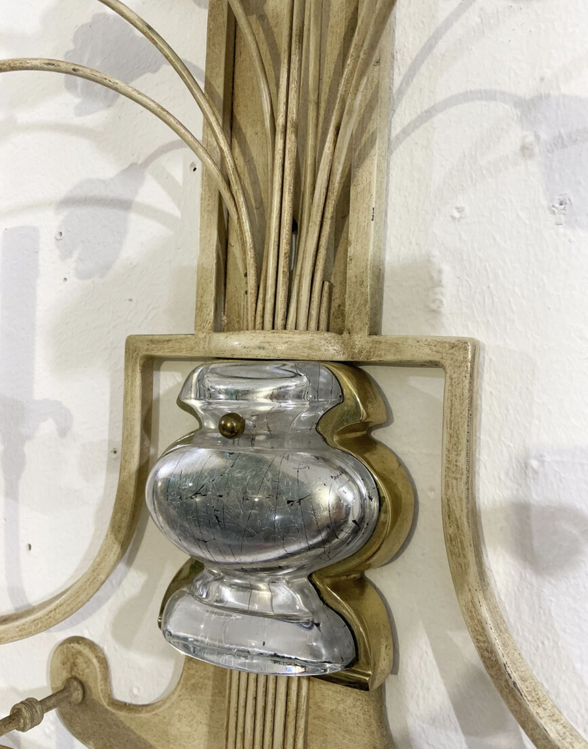 Pair Of Silver Wrought Iron And Glass Wall Lights By Banci, Italy, 1940s photo Lighting