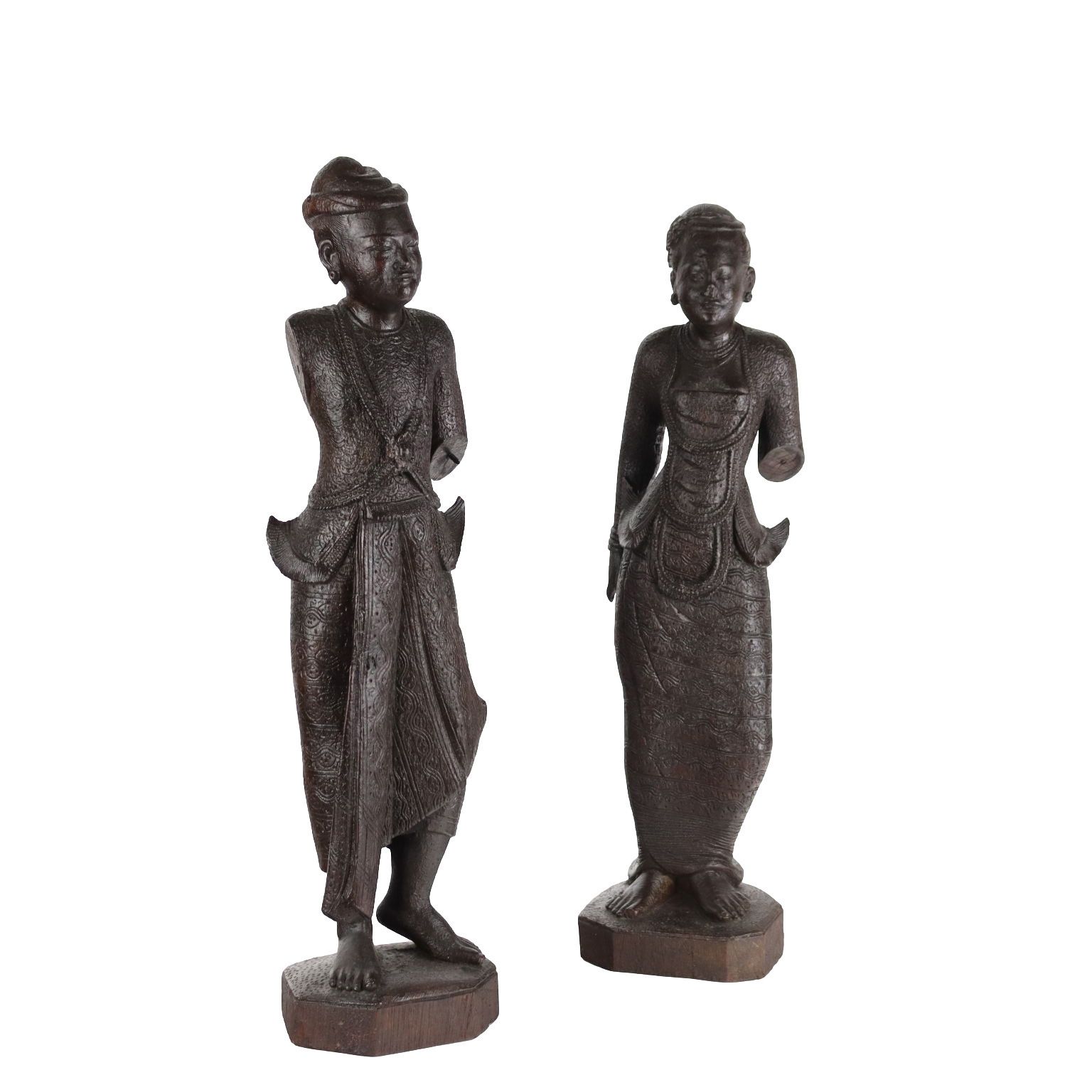 Pair Of Antique Figurines Solid Wood Burma Early XX Century