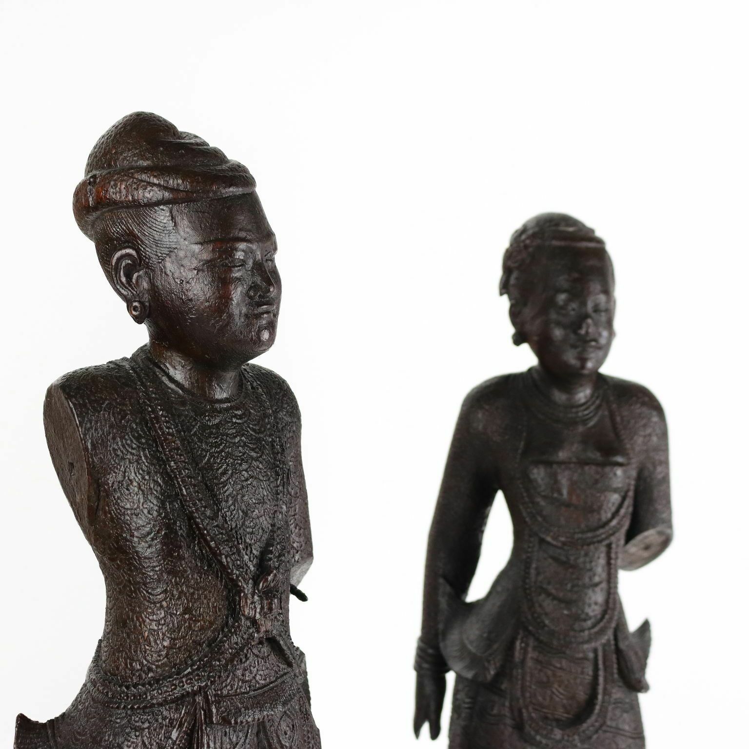 Pair Of Antique Figurines Solid Wood Burma Early XX Century photo for sale
