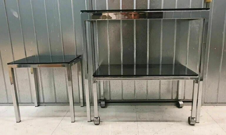 A Set Of 3 Chrome Tinted Glass Tables photo Furniture