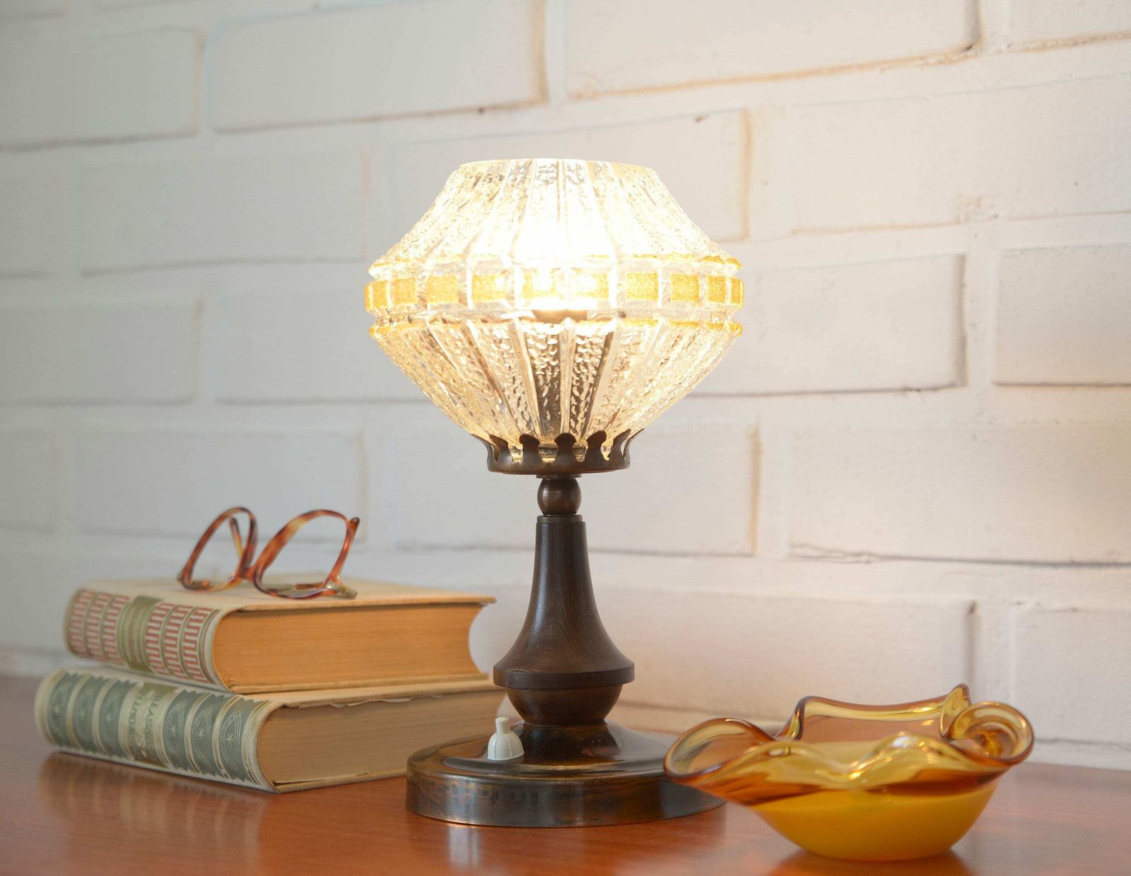 Vintage Bedside Lamp / Wood And Copper / Crystal Glass / Rustic Table Lamp / Desk Light / Yugoslavia 1970's / Light Fixture