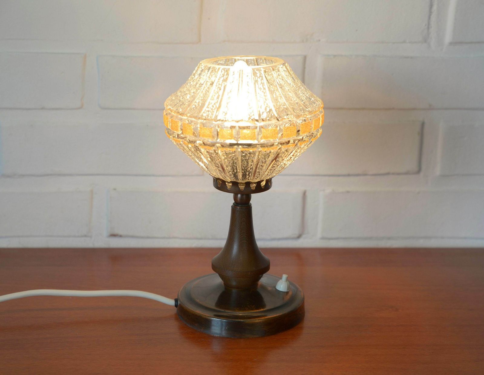 Vintage Bedside Lamp / Wood And Copper / Crystal Glass / Rustic Table Lamp / Desk Light / Yugoslavia 1970's / Light Fixture photo 130.0