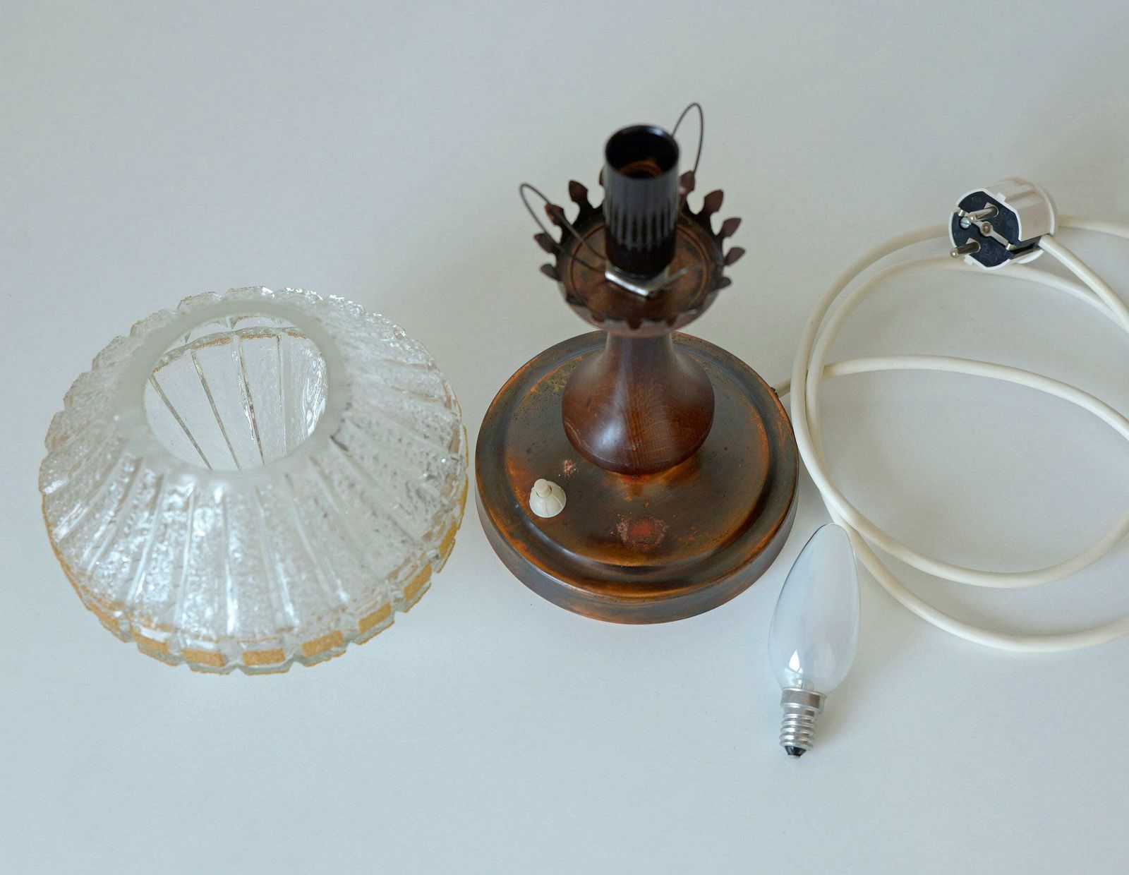 Vintage Bedside Lamp / Wood And Copper / Crystal Glass / Rustic Table Lamp / Desk Light / Yugoslavia 1970's / Light Fixture photo vintage