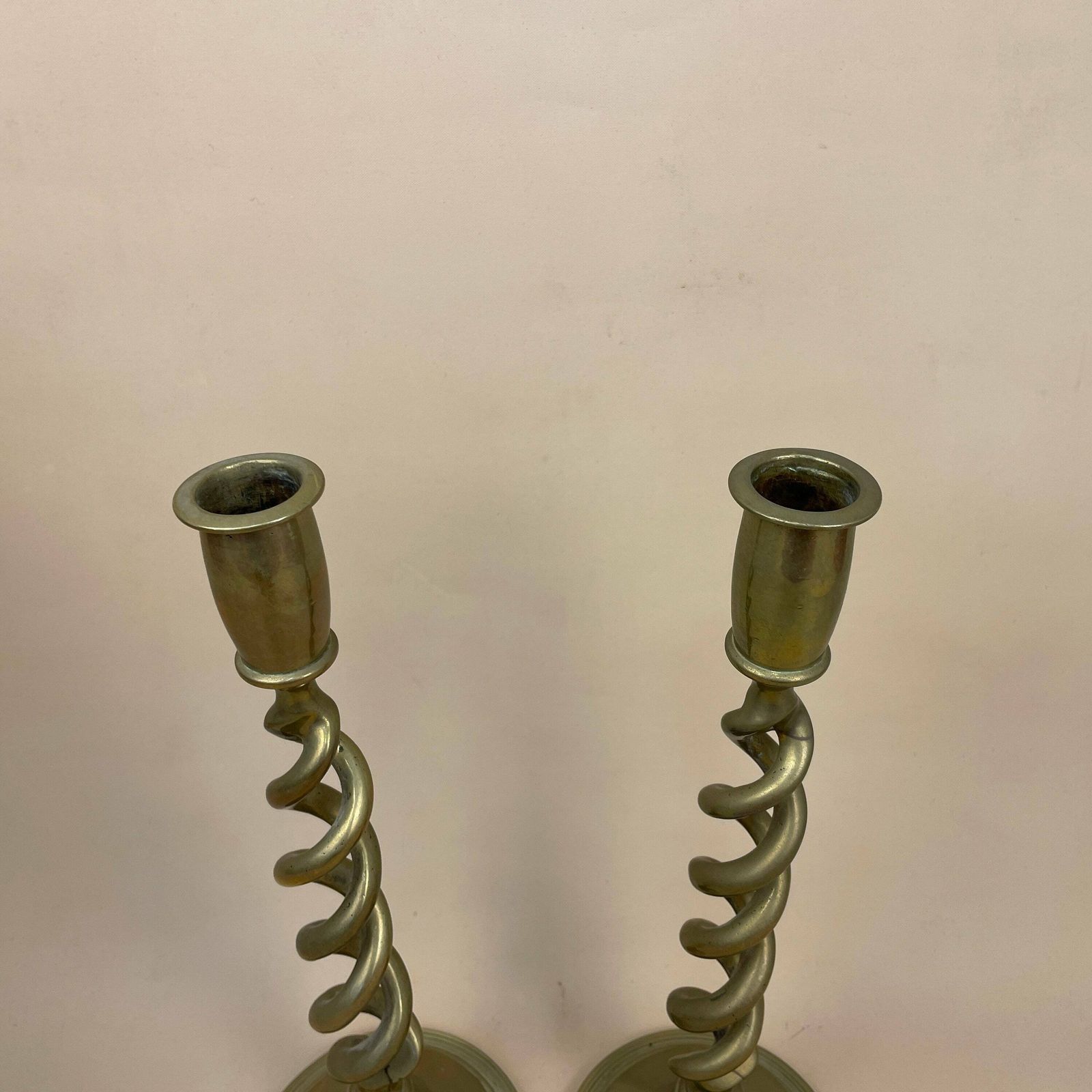Antique Matching Pair Of Gold Brass Metal Candlestick Candle Stick Vintage Column Taper Dinner Candlesticks Twisted Twist Round Base photo Home Decor