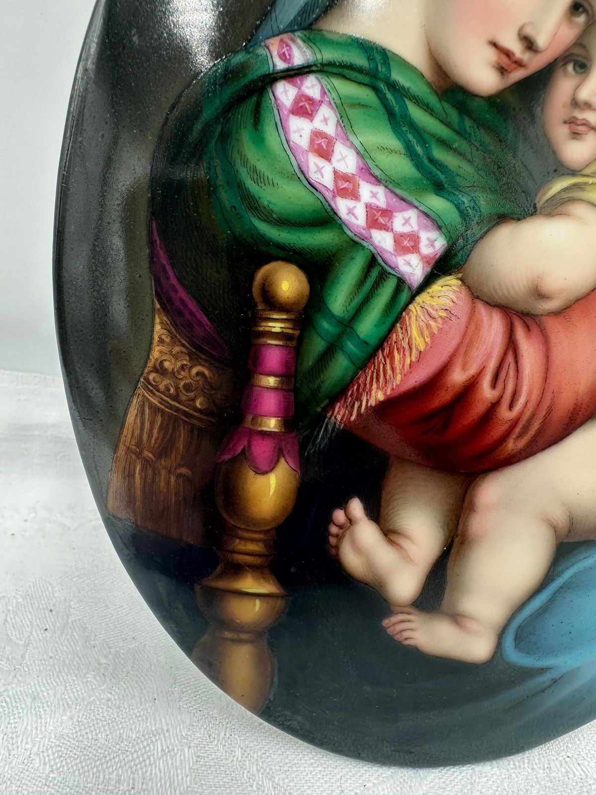 Spectacular 19th Century Porcelain Oval Plaque Of The Virgin Mary, Madonna Della Sedia After Raphael, Portrait Of Our Mother Mary Wall Art photo for sale