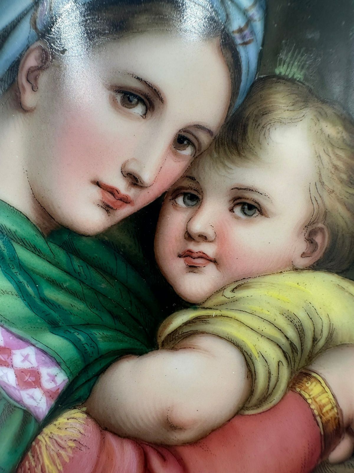 Spectacular 19th Century Porcelain Oval Plaque Of The Virgin Mary, Madonna Della Sedia After Raphael, Portrait Of Our Mother Mary Wall Art photo vinterior
