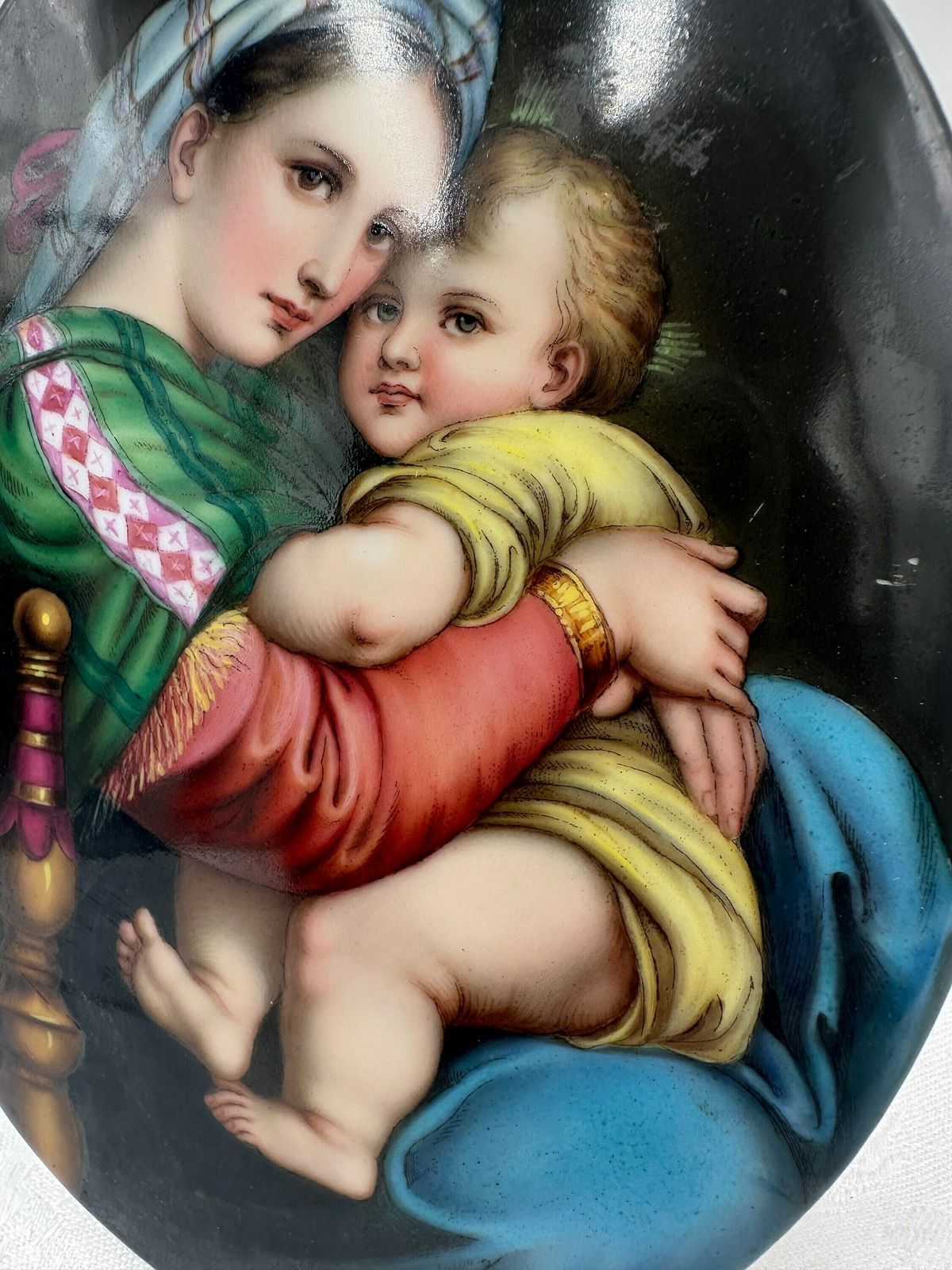 Spectacular 19th Century Porcelain Oval Plaque Of The Virgin Mary, Madonna Della Sedia After Raphael, Portrait Of Our Mother Mary Wall Art photo vintage