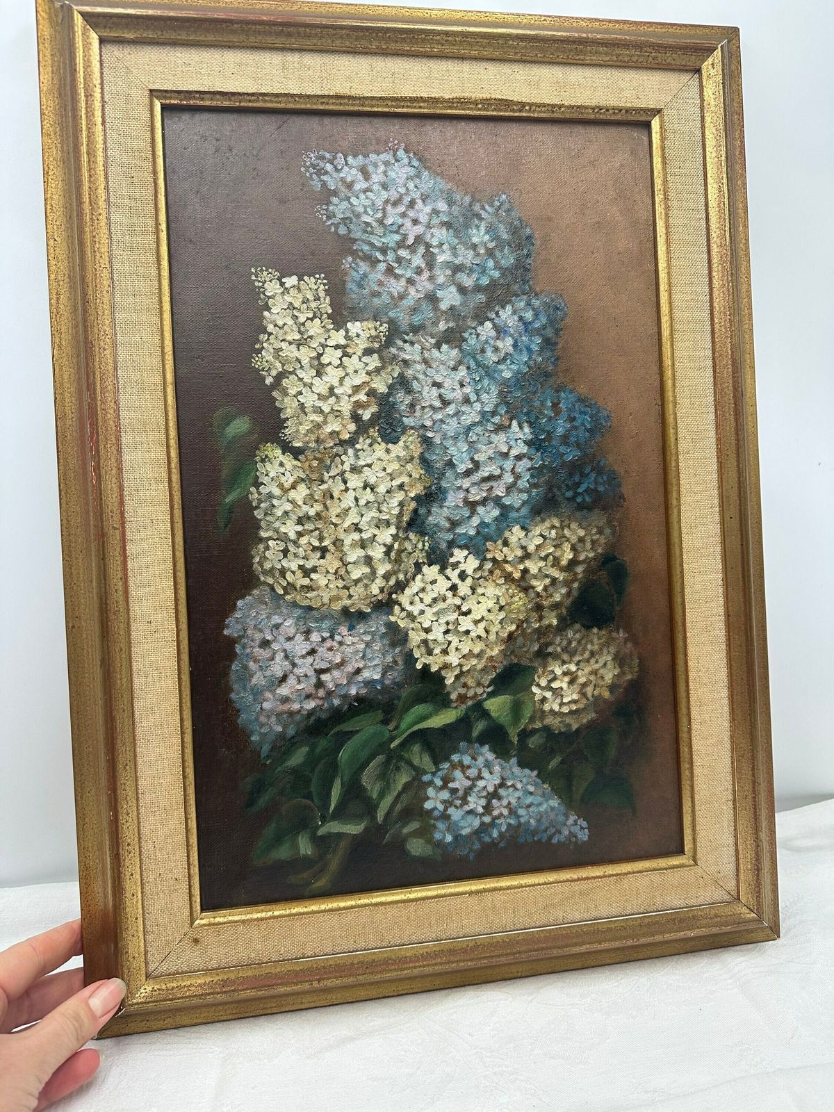Oil Painting Bunch Of Lilac, Original Art Floral Still Life, French Antique Gilt Frame photo Art