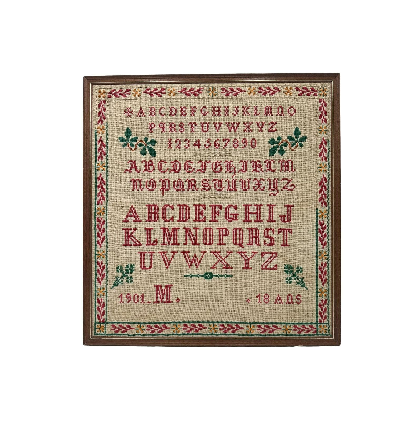 Antique Handmade Embroidery Cross Stitch Alphabet Sampler, French Framed Needlework With Alphabet