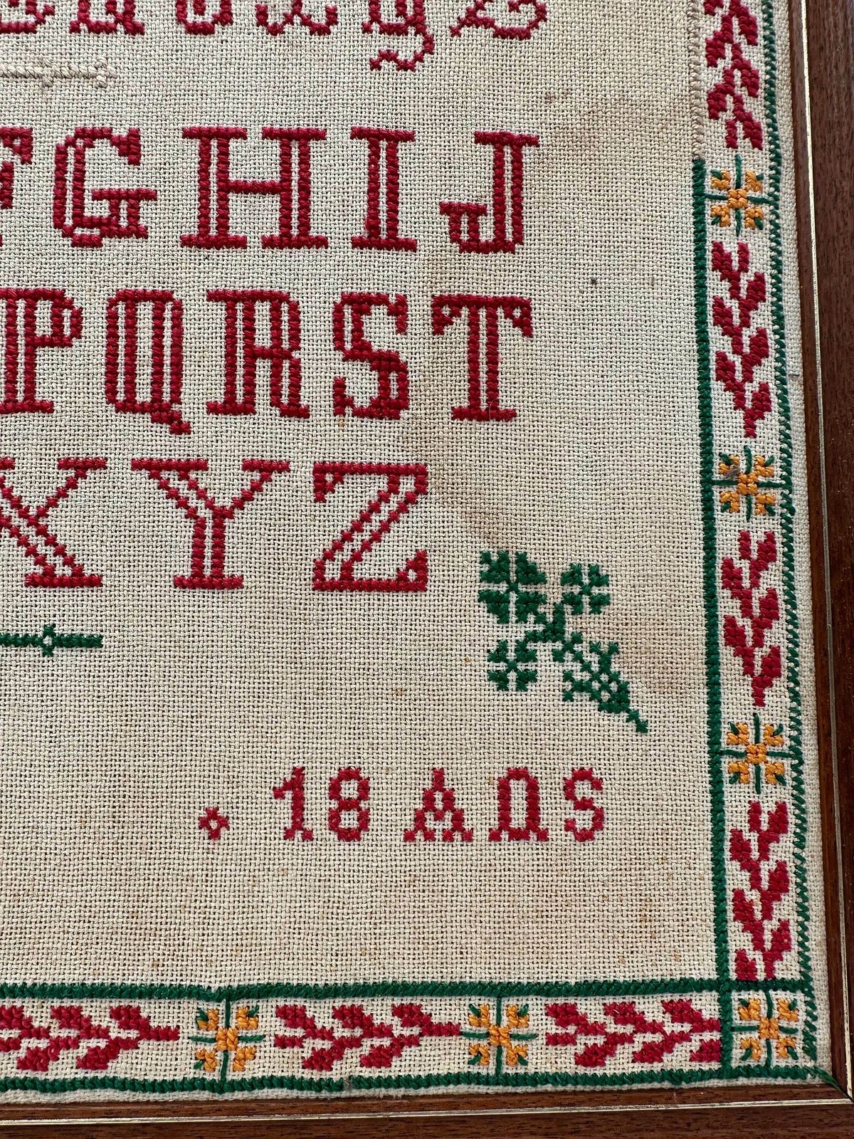 Antique Handmade Embroidery Cross Stitch Alphabet Sampler, French Framed Needlework With Alphabet photo furniture