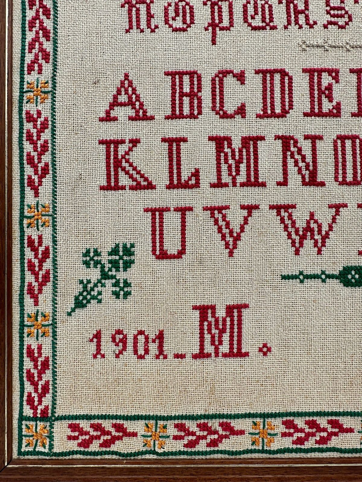 Antique Handmade Embroidery Cross Stitch Alphabet Sampler, French Framed Needlework With Alphabet photo for sale