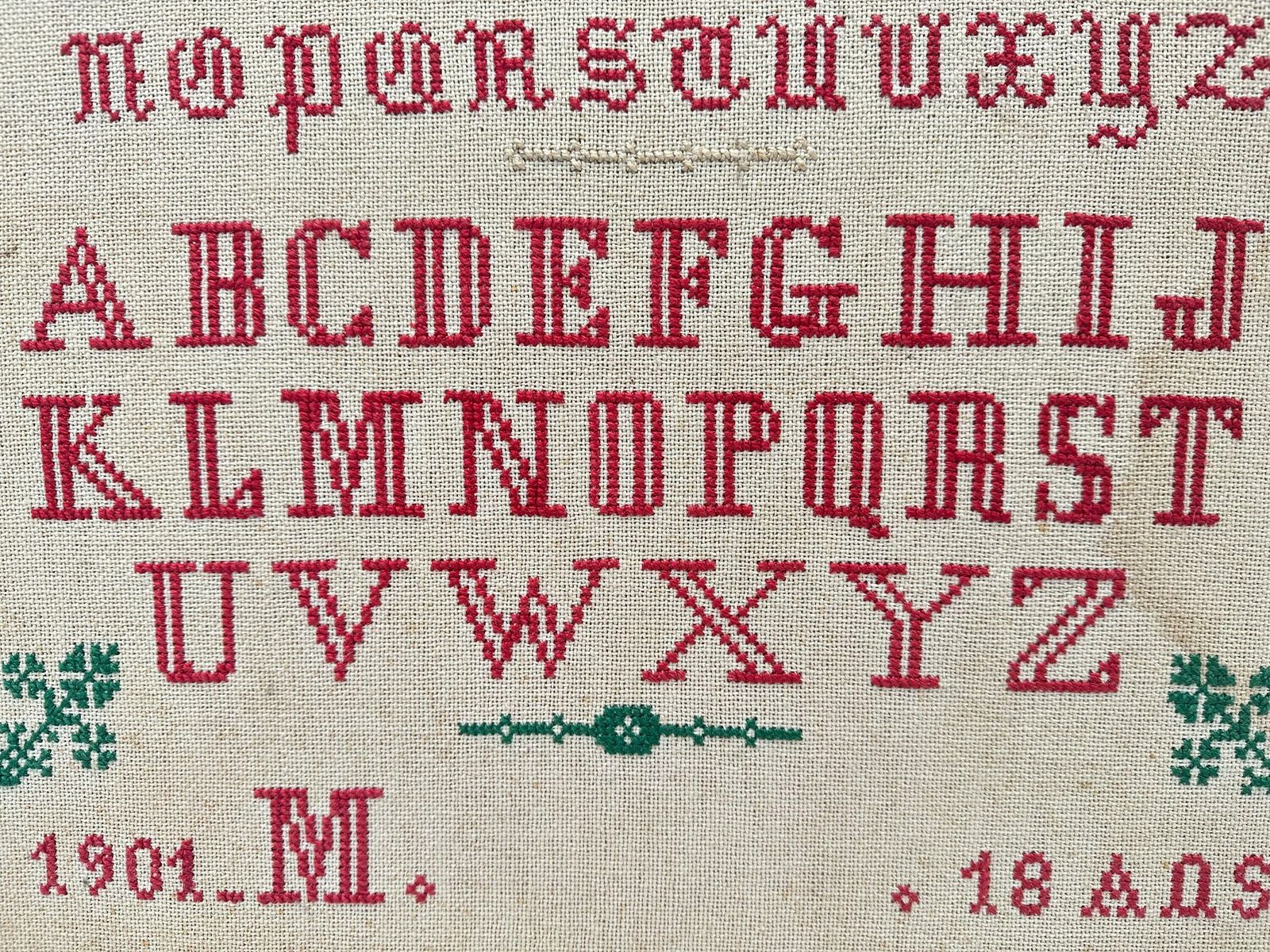 Antique Handmade Embroidery Cross Stitch Alphabet Sampler, French Framed Needlework With Alphabet photo 224.0