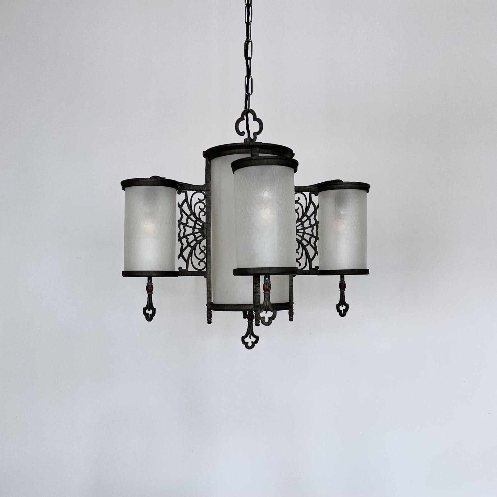 Wrought Iron Art Deco Lantern Pendant With Original Frosted Glass Cylindrical Shades