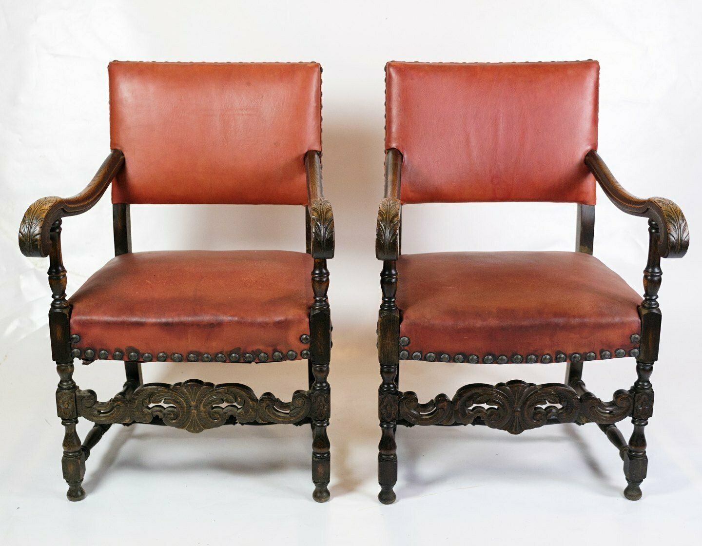 Set Of 2 Antique Armchairs In Red Leather & Oak From 1930s