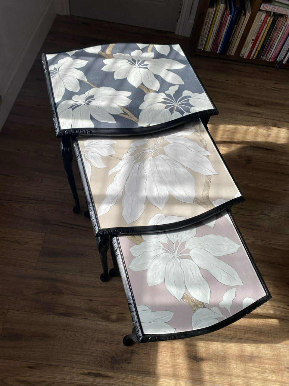 A Set Of Three Restored Vintage Nesting Tables With Glass Tops