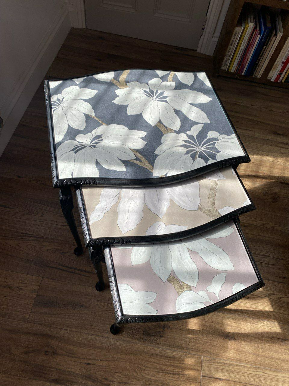 A Set Of Three Restored Vintage Nesting Tables With Glass Tops photo furniture