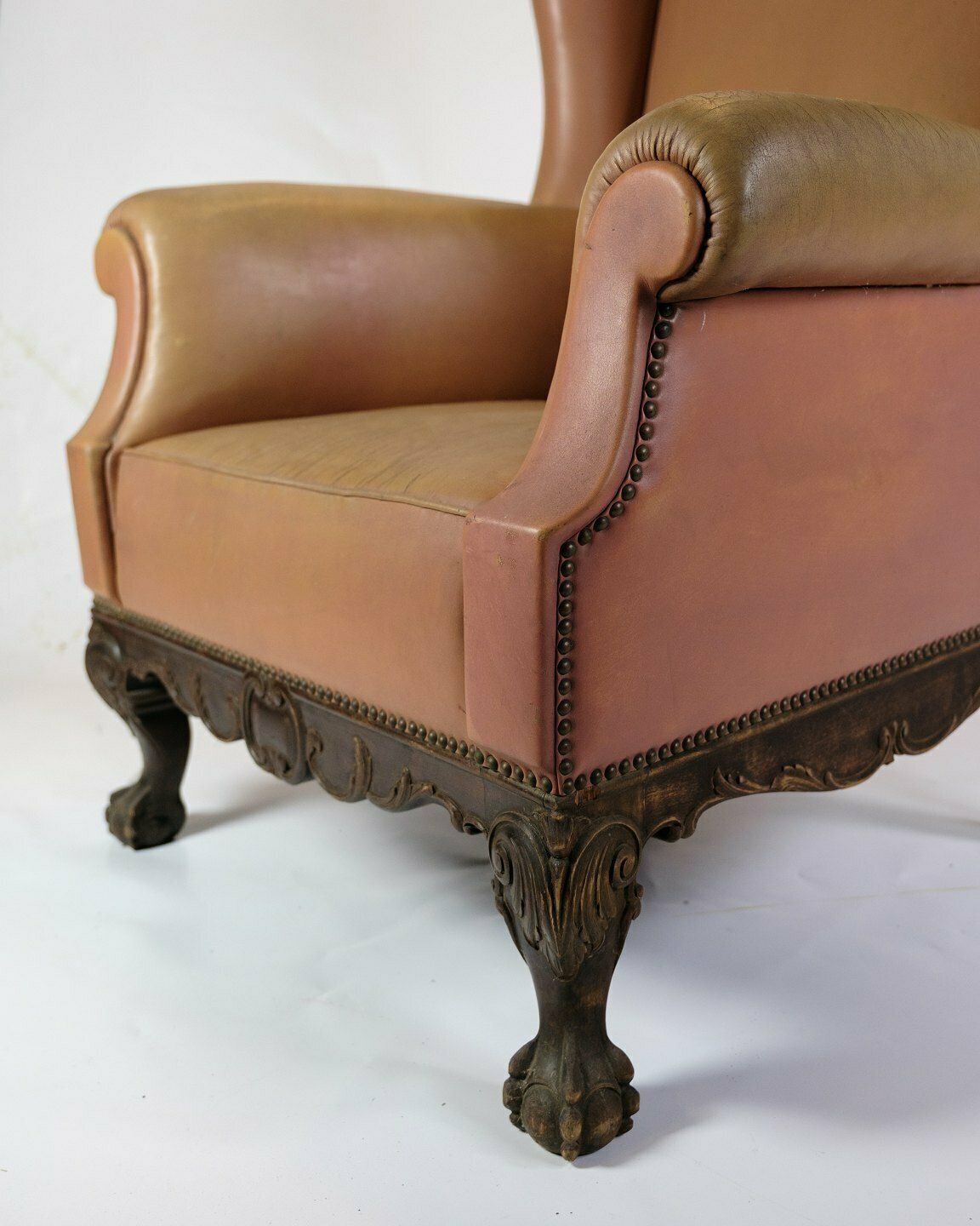 Antique High Ear Flap Chair  In Brown Studded Leather From 1920s photo vinterior