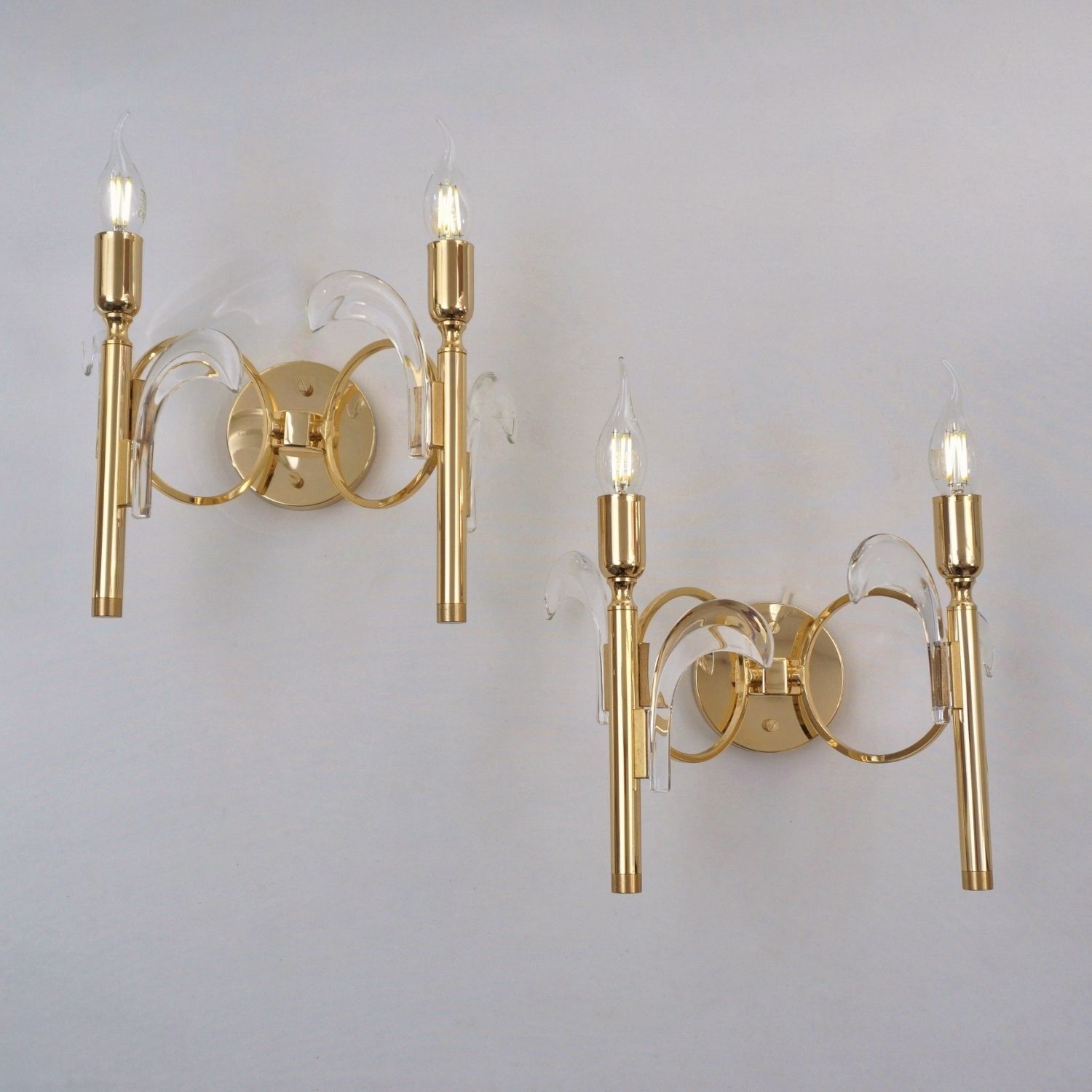 Pair Vintage Palm Tree Brass Wall Lights Sconces, Gaetano Sciolari Style, Crystal On Gold Plated Gilt Frames, 1970`s Ca, Italian, Rewired