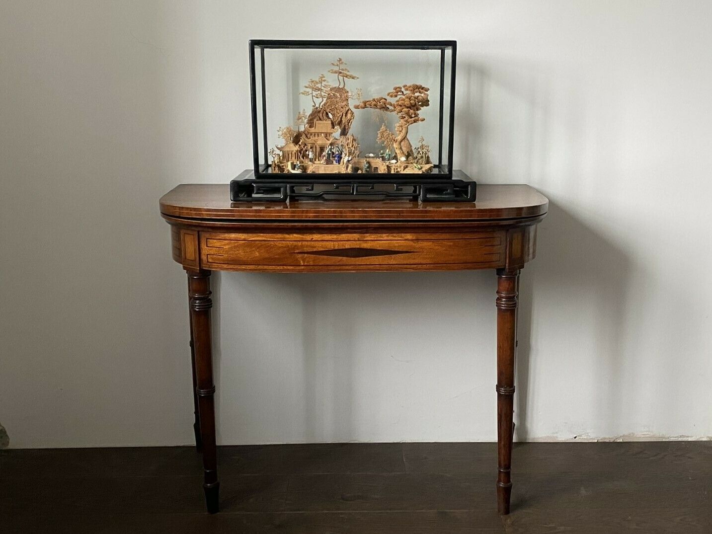 Large Scale Antique Chinese Carved Cork Diorama In Ebonised Glass Display Case