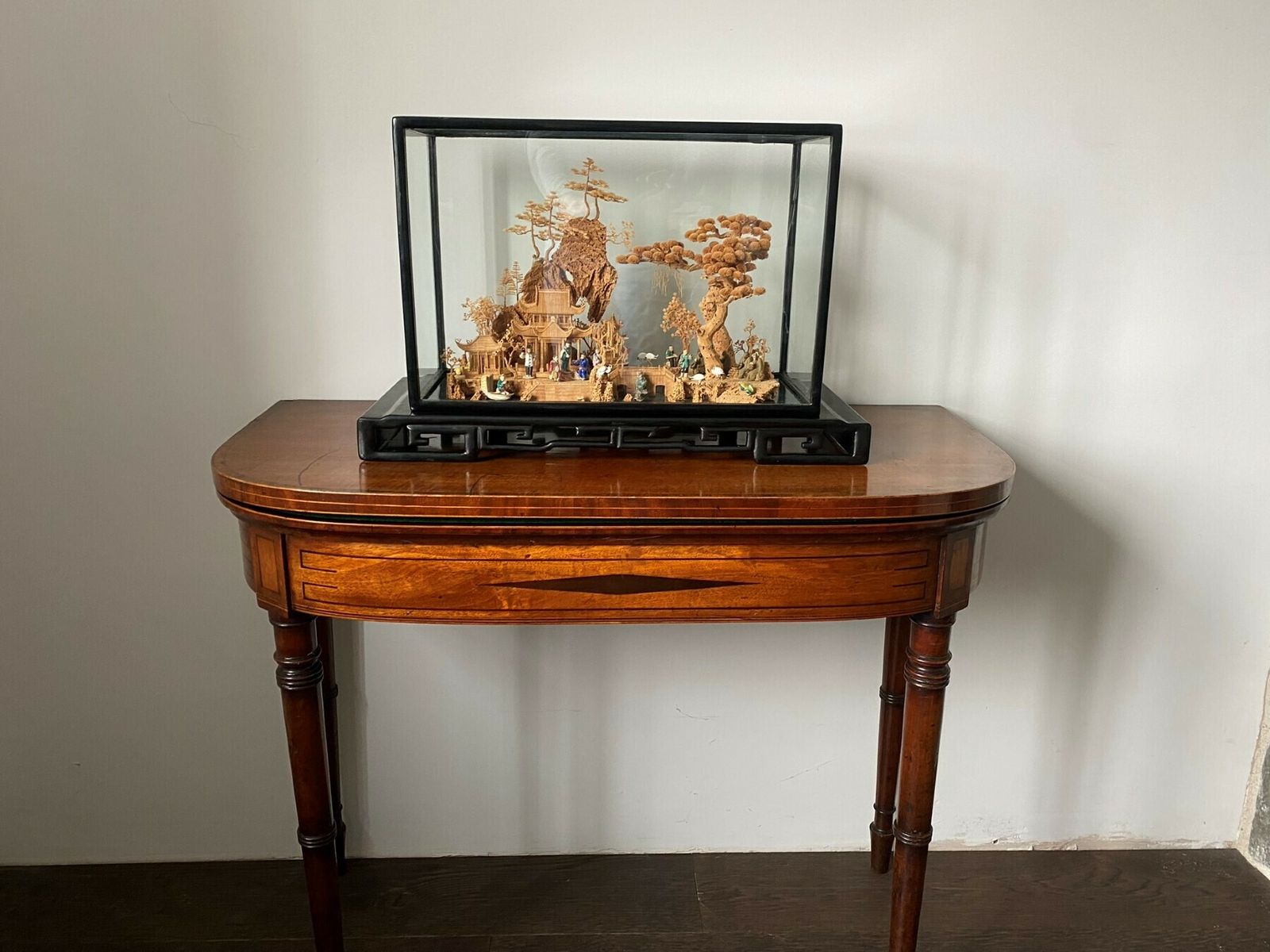 Large Scale Antique Chinese Carved Cork Diorama In Ebonised Glass Display Case photo for sale