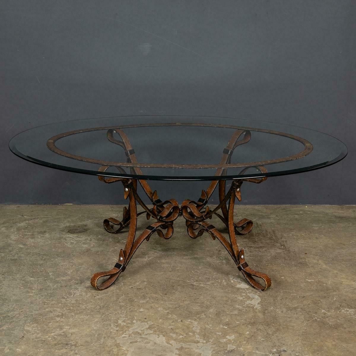 Cold Painted Wrought Iron Strap & Stitch, Glass Top Coffee Table C.1980 photo furniture
