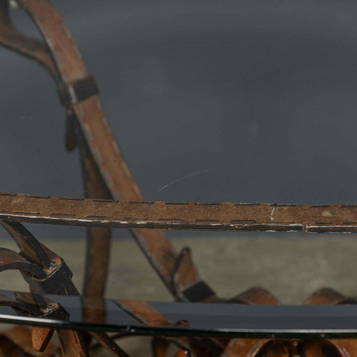 photo for sale Cold Painted Wrought Iron Strap & Stitch, Glass Top Coffee Table C.1980