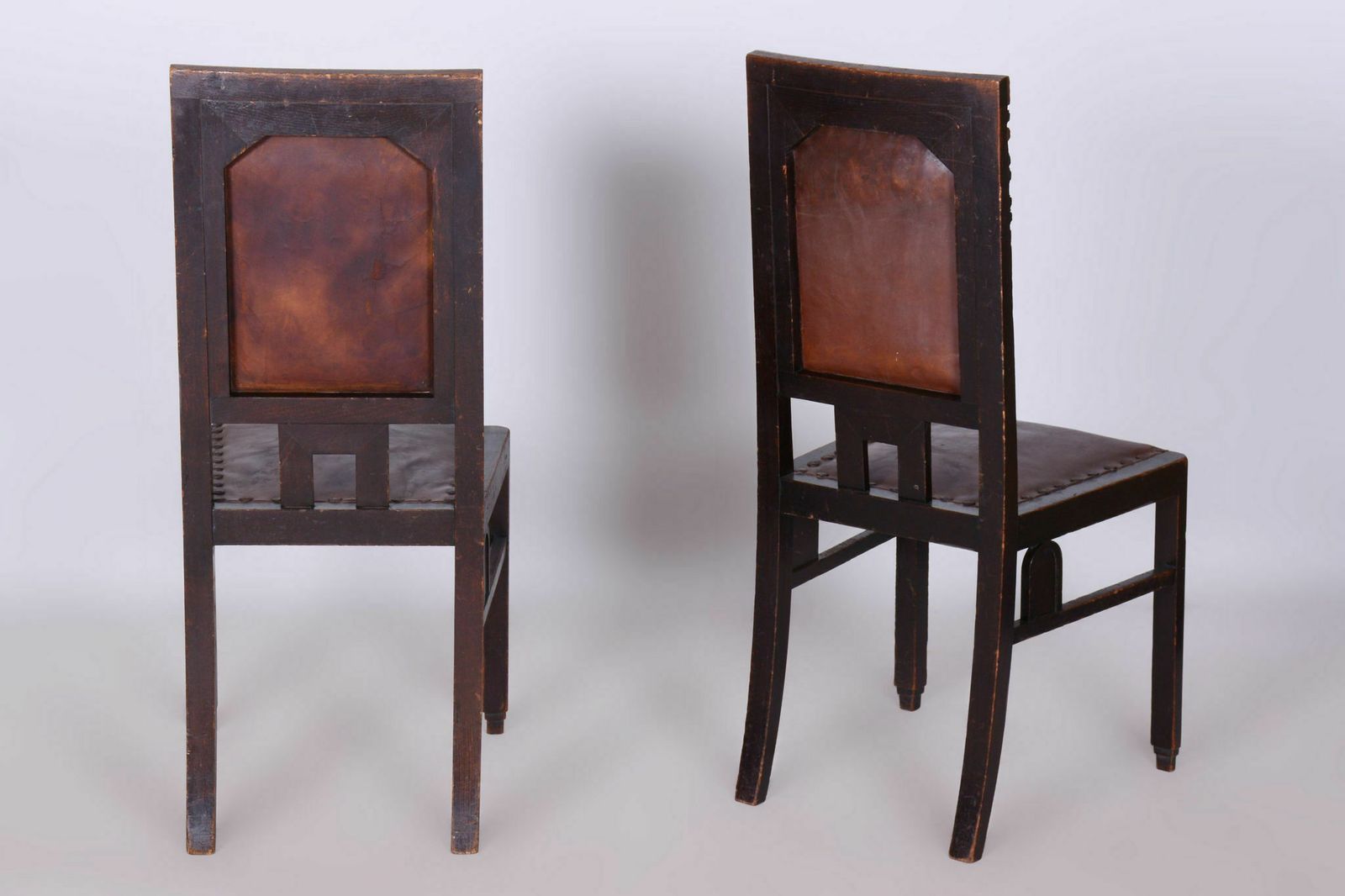 photo for sale Set Of Four Cubist Chairs, By Josef Gočár, Solid Oak, Red Leather, Czech, 1910s
