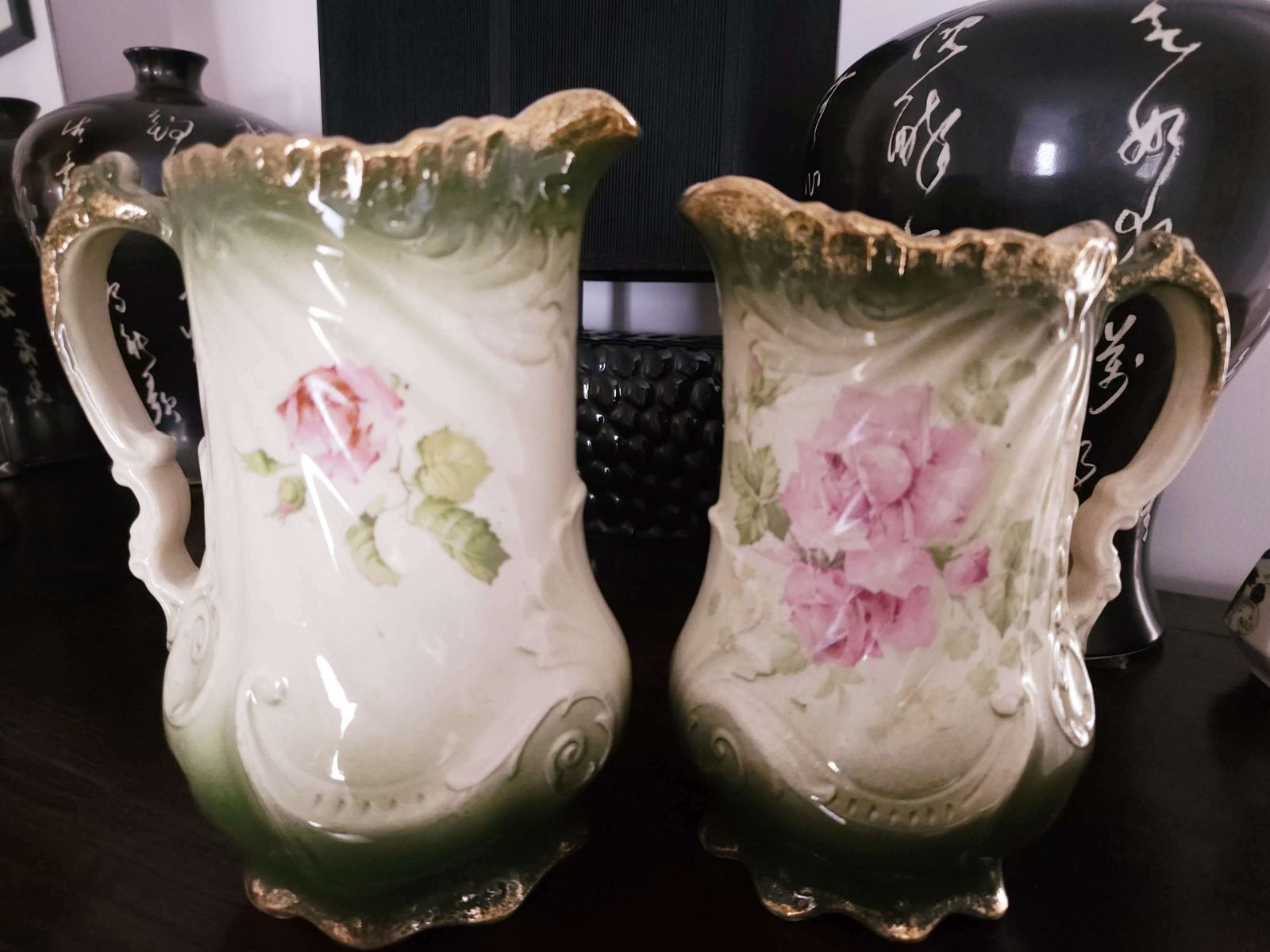 Pair Of Exquisite Victorian Art Nouveau Pitchers With Gold & Floral Decoration photo vintage