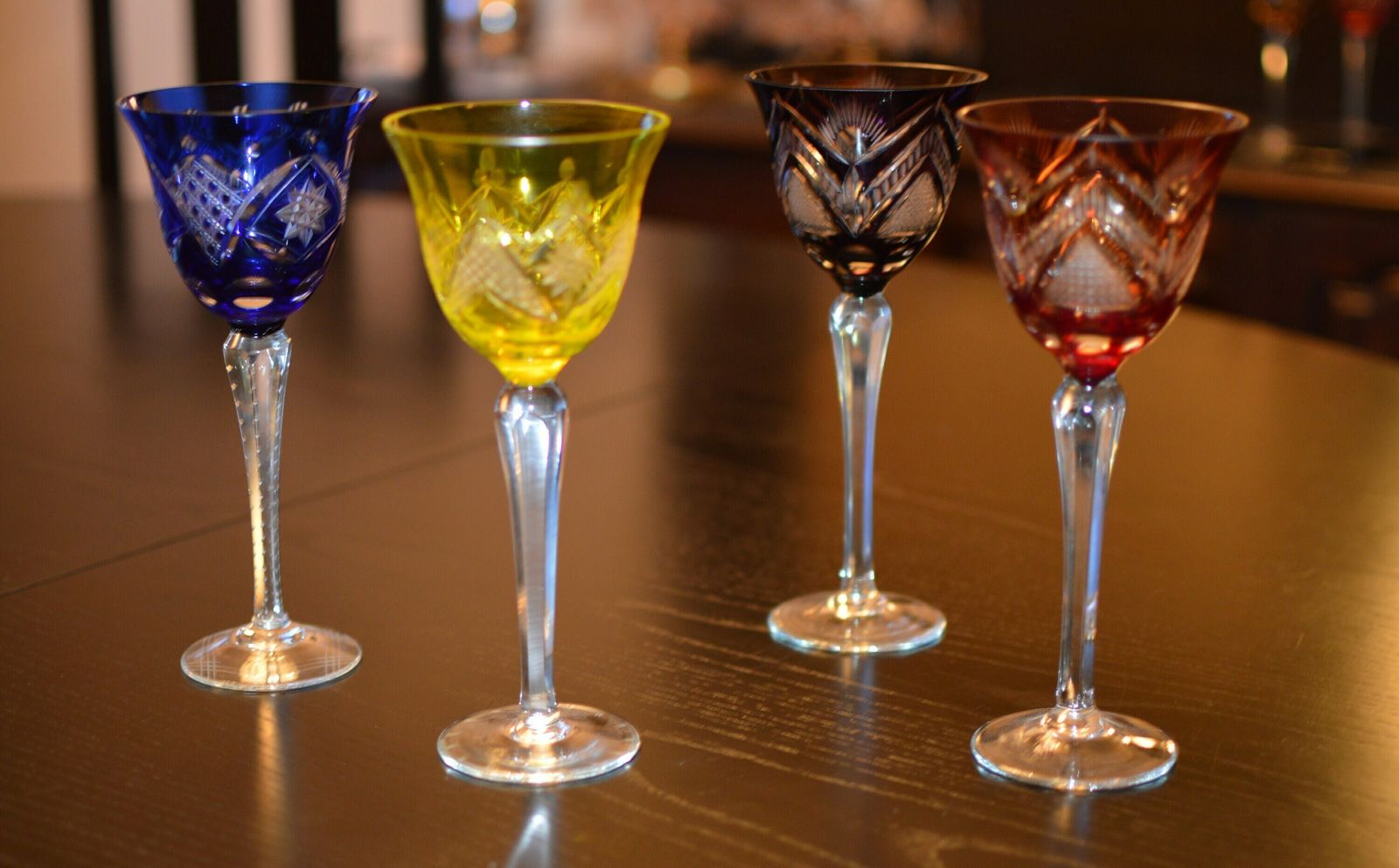 photo for sale 4 Crystal Wine Glass Color Wine Goblet | Cut Pattern By Nachtmann,